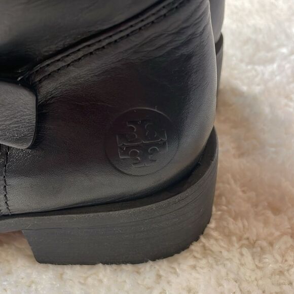 Tory Burch Black Leather Moto Boots Buckle Strap Ankle/Mid-Calf Boots Sz 7.5 - Picture 4 of 16